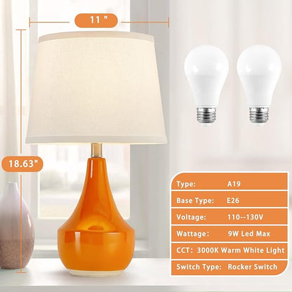 GyroVu Table Lamp Set of 2, Ceramic Table Lamp Classic Beside Lamps Nightstand Lamp Modern Table Lamp for Living Room, Bedroom & Office Rocker Swtich Orange-LED Bulbs Included