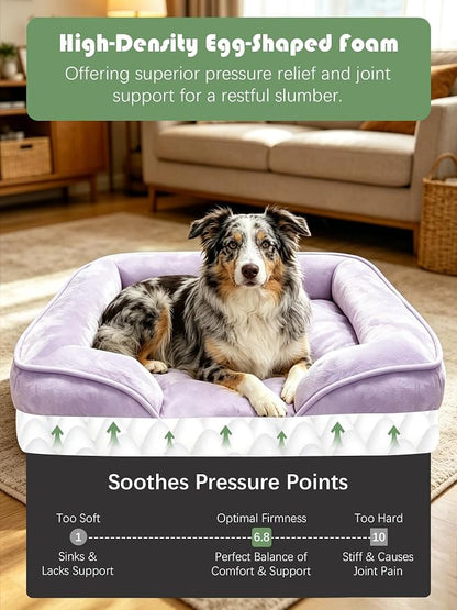 Spotted Play Orthopedic Dog Bed with Sides - Sofa Beds for Large Dogs, Supportive Foam Pet Couch Bed with Washable Removable Cover, Waterproof Lining and Non-Slip Bottom, Purple - L