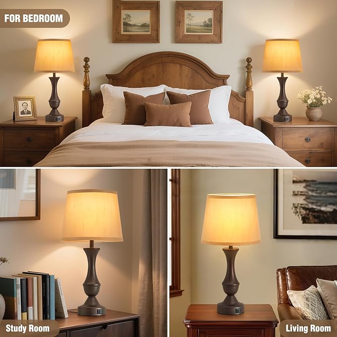 Luvkczc 22" Table Lamp Set of 2 - Farmhouse Vintage Brown Bedside Lamp with Brown Fabric Shade, Dimmable, USB C+A Ports, Nightstand Lamp for Living Room Bedroom (Bulb Included)
