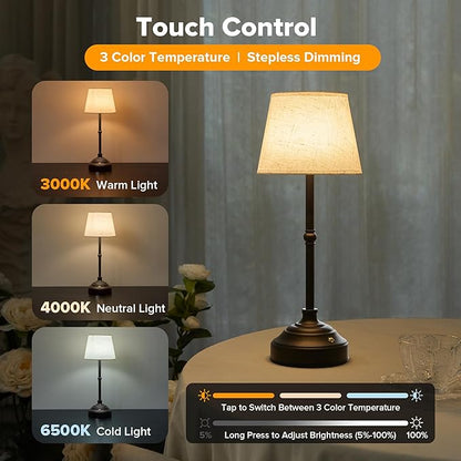 2 Pack Cordless Table Lamp, Rechargeable Desk Lamp with Fabric Shade, Battery Operated Lamp 3 Color Stepless Dimming, Small Touch Bedside Lamp Home Decor for Dining, Counter (Matte Black)