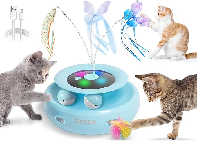 ORSDA Cat Toy, 3-in-1 Automatic Interactive Electronic Moving Ambush Feather, Fluttering Butterfly, Track Balls, USB Rechargeable Powered Smart Indoor Exercise Kicker