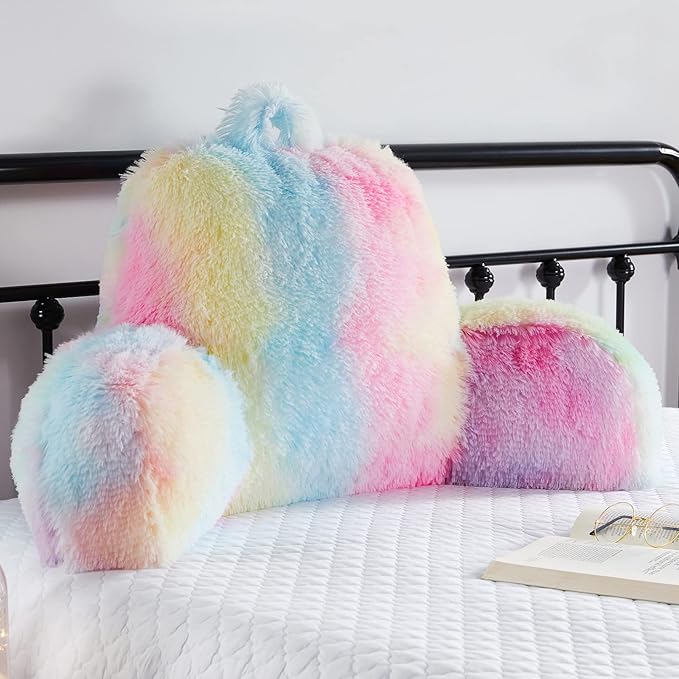 Fluffy Fur Reading Pillow for Adults & Kids Unisize, Stylish College Essentials for Girl, Fuzzy Back Pillow for Sitting in Bed, Adorable Gift for Teens, Bed Rest Sit Up Arm Support Pillow
