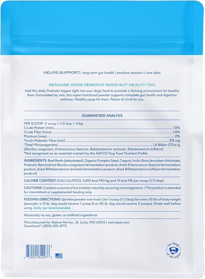 Native Pet Probiotics for Dogs - Dog Probiotics Powder for Digestive Health, Gut Support, & Immune Boost – Vet-Formulated Powder for Maximum Potency with Digestive Enzymes & Prebiotics - 240 Scoops