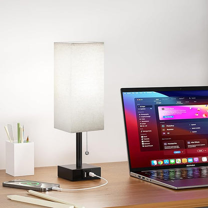 Small Linen Bedroom Lamp - 3 Color Temperature 3000K 5000K 4000K Bedside Lamp, Pull Chain Control, USB A and C Charging Ports, Black Base, for Kids Office Dorm, Bulb Included