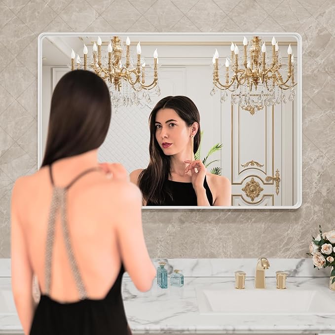 LOAAO 48x36 Inch White Metal Framed Bathroom Mirror