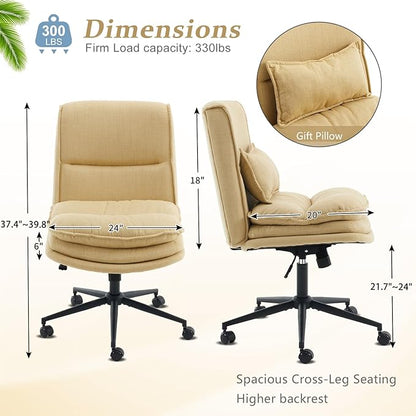 VINGLI Cloud Criss Cross Legged Chair,18" High Back Armless Home Office Desk Chair with Wheels,Wide Adjustable Comfy Padded Seat Task Computer Chair,Modern Swivel Makeup Vanity Chair,Fabric,Yellow