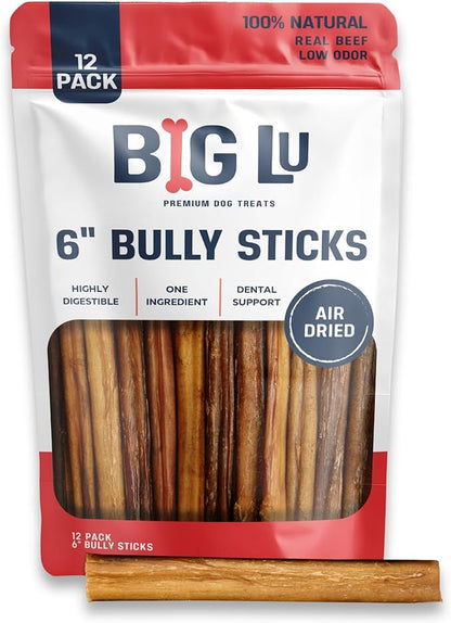 Big Lu - 6” Regular Bully Sticks, 12 Count, 100% Grass-Fed Beef Chews, Fully Digestible, Long-Lasting Treats for Aggressive Chewers, Natural Single-Ingredient Chews for All Dog Breeds