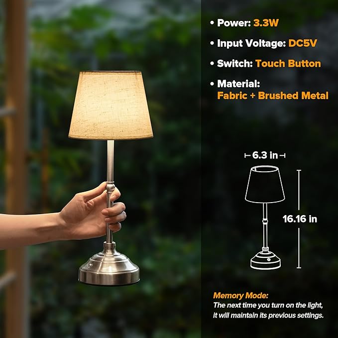 2 Pack Cordless Table Lamp, Rechargeable Desk Lamp with Fabric Shade, Battery Operated Lamp 3 Color Stepless Dimming, Small Touch Bedside Lamp Home Decor for Dining, Counter (Brushed Sliver)