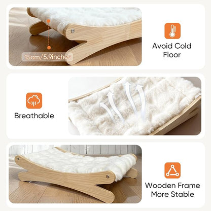 Plush Elevated Cat Bed - Cozy Raised Cat Hammock with Solid Wood Frame, Soft Furry Cushion for Indoor Cats & Small Dogs, Multi-Color Options(White)