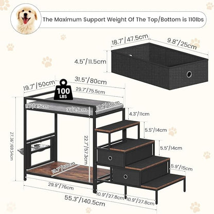 kepptory Dog Window Perch with 360° & Adjustable Raised Feeder, Pet Stairs Ramp with Seat with Stairs and Storage, Pet Bunk Bed with Small Pet Step