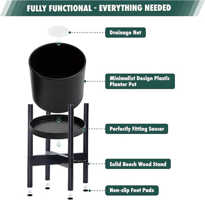D'vine Dev Plastic Pot with Ebony Wood Stand, Black, 16 in, 55-C-Z-2 | Mid-Century Inspired Design, Elevated Plant Display, Clean Lines, Sturdy Support, Modern Space-Saving Style