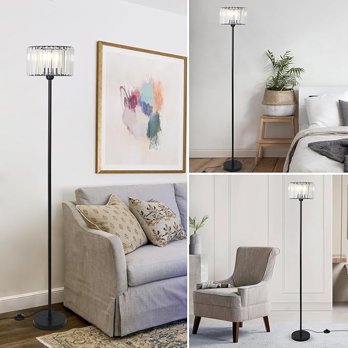 HMVPL Black Floor Lamp for Bedroom, Modern Floor Lamp for Living Room with K9 Crystal Shade, Industrial Standing Lamp with On/Off Switch, Vintage Corner Tall Lamp for Nursery Office Kids Girls Room