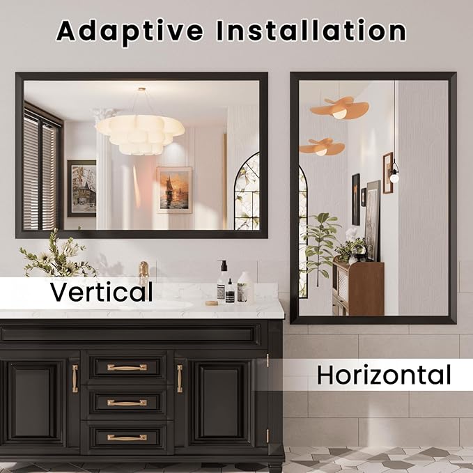 Amorho Bathroom Mirror Black, 50x36 Inch Thick Metal Framed Wall Mirrors