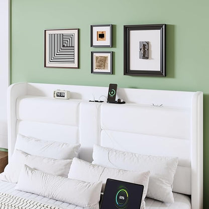 Allewie Full Size Platform Bed Frame with Charging Station & Storage Headboard, Upholstered Velvet Wingback Design & USB Port, Strong Wooden Slats Support, No Box Spring Needed, Easy Assembly, White
