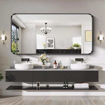 CIRCUMI Black Bathroom Mirror, Rounded Corner, Tempered Glass, Large Mirror