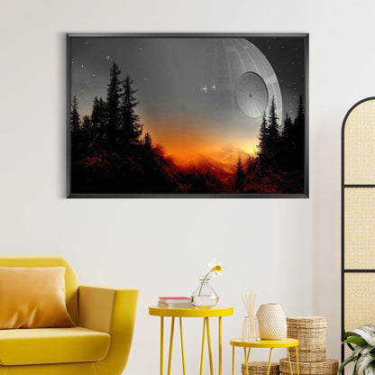 Death Star Inspired Canvas Print Wall Art | Futuristic Space Station Artwork | Smooth Surface Home Decor – Various Sizes (36in x 24in Modern Black Framed)