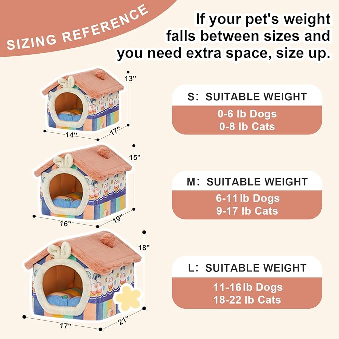 Cute Cat Beds for Indoor Cats, Foldable Cat House with Non-Slip Bottom | S Size Kitten Bed for 0-6 Lb Dogs and 0-8 Lb Cats, Rainbow,Cat Nest Puppy Cave,Soft Cozy Dog Cave Bed