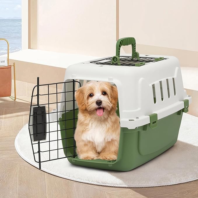 MoNiBloom 18-Inch 2-Door Top Loading Cat Carrier, Plastic Dog Crate Hard-Sided Dog Travel Carrier for Small Dogs and Cats, Ventilation and Security Lock Design for Pets up to 10 lbs (Green)