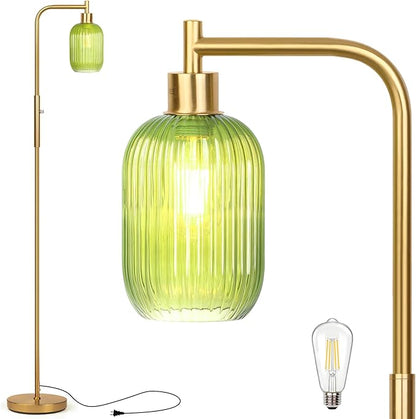 Glass Floor Lamp for Living Room, Dimmer Standing Lamp with Green Ribbed Lampshade,66” Tall Lamp & Gold Floor Lamp for Bedroom Study Room,Brushed Gold (Green)