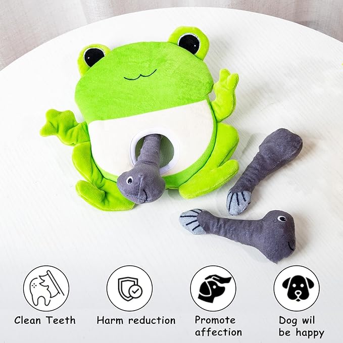 Hollypet Squeaky Dog Toy, Interactive Plush Hide and Seek Dog Toys for Small Medium Sized Dogs and Non-Aggressive Chewers, Puppy Teeth Clean Chew Toys, Frog