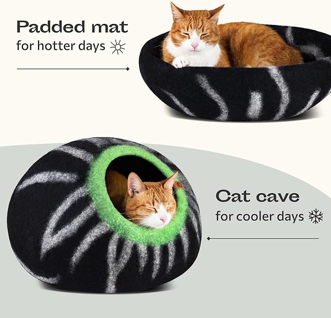 MEOWFIA Cat Cave – Premium Felt Cat Bed for Indoor Cats, Handmade 100% Merino Wool (Large, Shining Tiger)