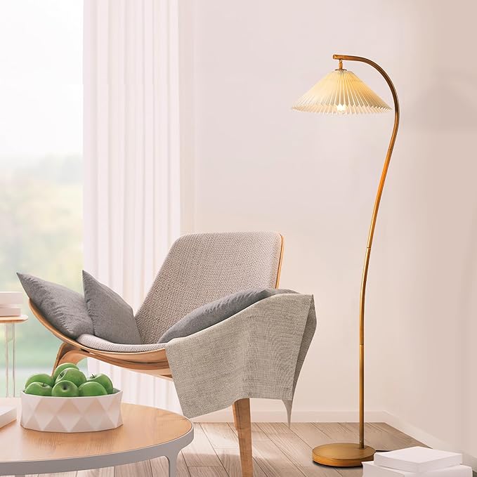 GLOBE Electric x Novogratz 61000043 62" Floor Lamp, Wood Toned, White Pleated Shade, Pivot Joint on Shade, On/Off Foot Switch, Black Cord, Modern Lighting for Living Room or Office