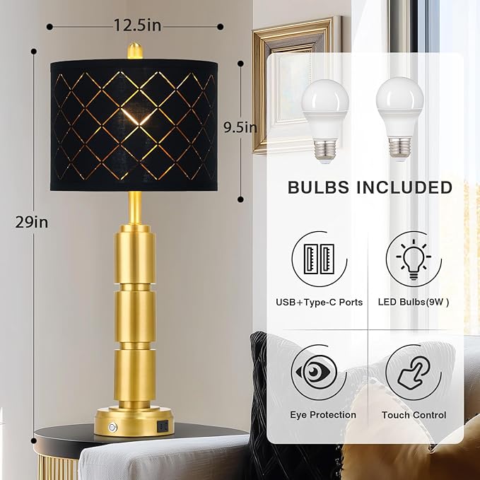 Set of 2 Modern Table Lamps for Living Room Bedroom,29" Tall Bedside Lamp with 2 USB Port,Gold Metal Touch Nightstand Lamp with Black Grid Shade for End Table Entryway,Gold