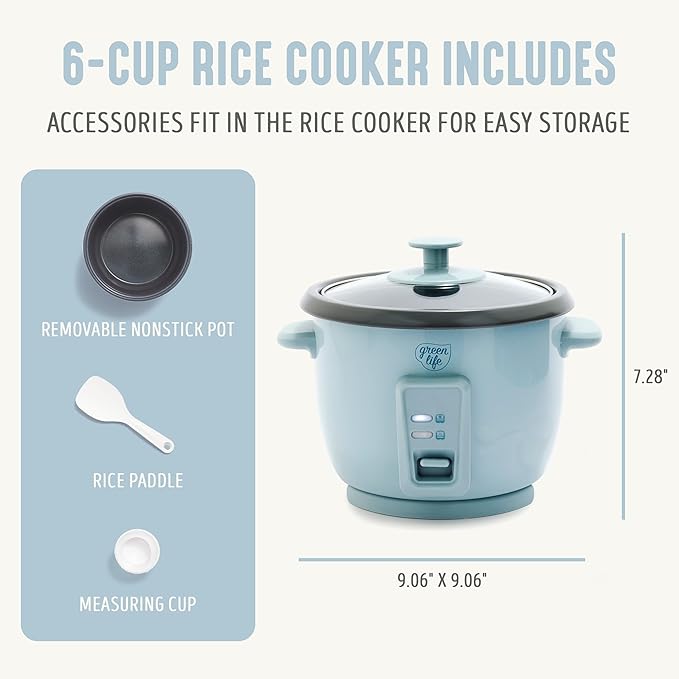 GreenLife Rice Cooker with Removable PFAS-Free Ceramic Nonstick Pot, 3-Cups