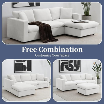 KIVENJAJA White Cloud Couch for Living Room Apartment Small Spaces, Linen L Shaped Modular Sectional Sofa with Convertible Ottoman Chaise, Modern Minimalist, Metal Frame, 100.4" W 3 Seater