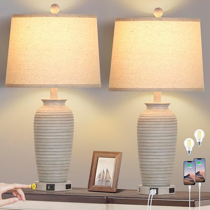 25" Farmhouse Jar Table Lamps Set of 2, 3 Way Touch Control Rustic Bedside Lamps with USB A+C Ports & AC Outlet, Pot Nightstand Lamps for Bedroom Living Room (LED Bulbs Included)