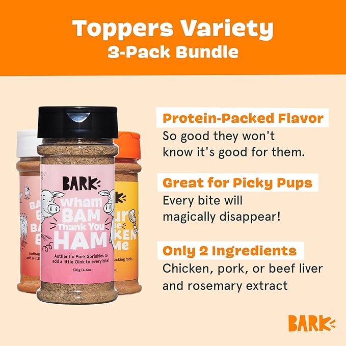 Barkbox Beef, Chicken, Ham Dog Treat Topper - High Protein Ingredient Meal Mixer, Rosemary Extract for Large & Small Breeds, Elevate Food Dining, Shake & Pour for Bowls (Pack of 3)