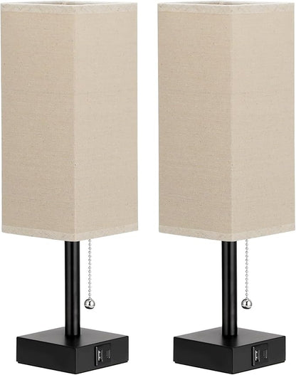 Beige Bedside Table Lamps Set of 2 - Square Bedroom Lamps with 3 Color Temperatures (3000K/5000K/4000K), Nightstand Lamps with USB C + A Charging Ports, Pull Chain Small Night Light for End Table