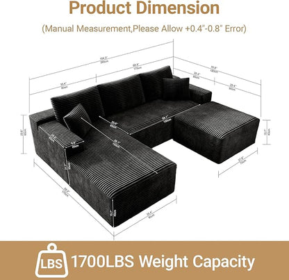 KAPEETOO U Shaped Modular Sectional Sofa with Left Chaise Ottoman, Boneless Couch with Deep Seat, Oversize 3-Seater Sofa U Shaped Set for Living Room Bedroom (Black)