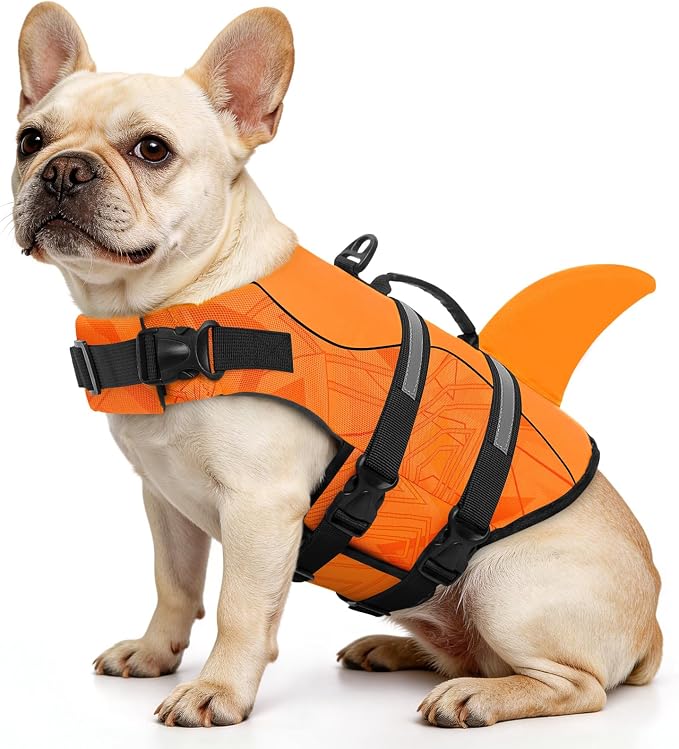 Dog Life Jacket High Flotation, Reflective Dog Life Vest for Swimming, Adjustable Dogs Life Preserver Rescue Handle Spring Summer Pool for Small, Medium, Large Dogs (OrangeLines,S)