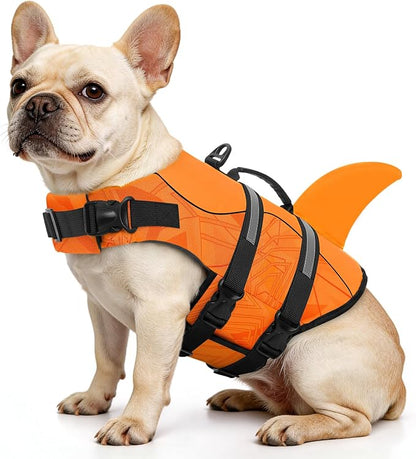 Dog Life Jacket High Flotation, Reflective Dog Life Vest for Swimming, Adjustable Dogs Life Preserver Rescue Handle Spring Summer Pool for Small, Medium, Large Dogs (OrangeLines,S)