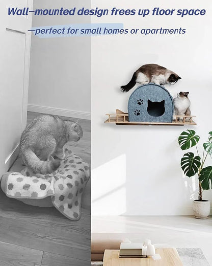 Wall Mounted Felt Cat Bed – Modern Cats Shelf with Wooden Base & 4 Holders, Space-Saving Cat Perch for Indoor Cats, Minimalist Wall Cat Furniture for Resting & Lounging,Gray