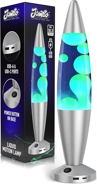 JAMBO Beautiful Liquid Lamp with USB Ports, 16" Motion Light with Blue Liquid Yellow Wax, Relaxing Nightlight, Mood Light for Bedroom, Living Room, Office - Adults, Teens, Kids