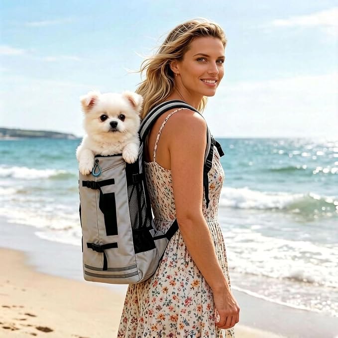 Big Dog Backpack Carrier, Grey-M | Extra Large Pet Carrier for 66lbs Dogs, Fully Adjustable Water-Resistant Dog Travel Bag for Hiking Cycling Outdoor Adventures