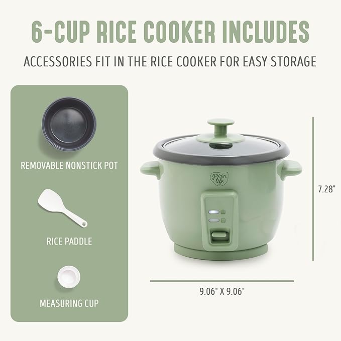 GreenLife Rice Cooker with Removable PFAS-Free Ceramic Nonstick Pot, 3-Cups