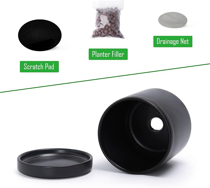 D'vine Dev Set of 2 Plants Pots, 3.5 Inch Ceramic Planter Pot for Plants with Drainage Hole and Saucer, Black, 94-V-A-2