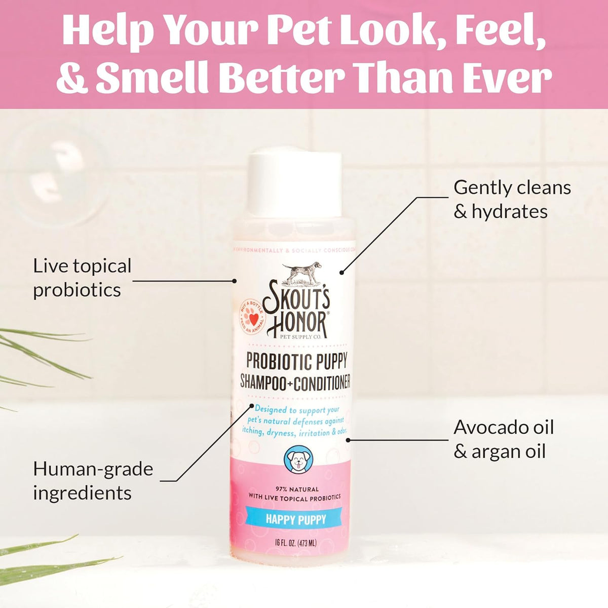 Skout's Honor Probiotic Dog Shampoo & Conditioner with Avocado Oil & Omega-3s, 97% Natural, Paraben & Sulfate-Free, Cruelty-Free, 16oz, Happy Puppy, 2-Pack