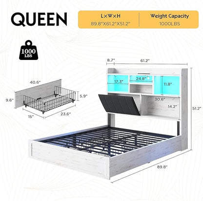 Queen LED Bed Frame with Bookcase Headboard and 4 Drawers,Farmhouse Storage Bed with Charging Station & Linen Upholstered, No Box Spring Needed, Distressed White