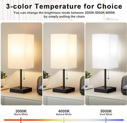 Plus Bedside Table Lamps Set of 2 - White Bedroom Lamps with 3 Colors, Square Nightstand Lamp with USB C + A Charging Ports and 2 AC Outlets, Pull Chain Night Light for End Table