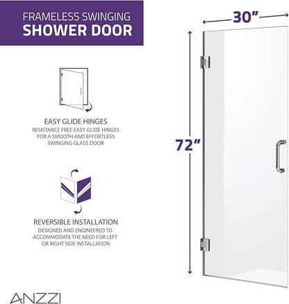 ANZZI 72" x 30" Frameless Shower Door in Matte Black, Water Repellent Glass