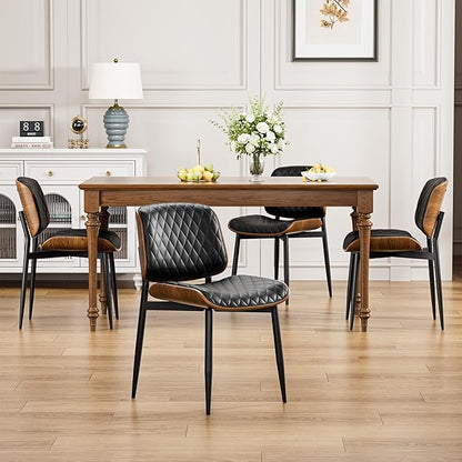 YaFiti Dining Chairs Set of 4, FSC Certified Mid Century Modern Accent Dining Room and Kitchen Chairs, Upholstered PU Leather Diamond Check Chairs with Walnut Bentwood and Metal Legs, Black