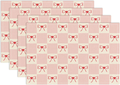 Pink Bow Placemats Set of 4, Table Mat for Home Kitchen, Restaurants, Outdoor Linen Washable Place Mats 12x18 inch Party Event Dining Decoration-03
