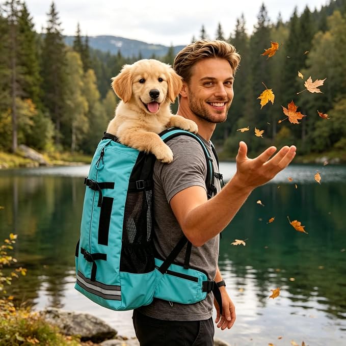Big Dog Backpack Carrier, Grey-M | Extra Large Pet Carrier for 66lbs Dogs, Fully Adjustable Water-Resistant Dog Travel Bag for Hiking Cycling Outdoor Adventures