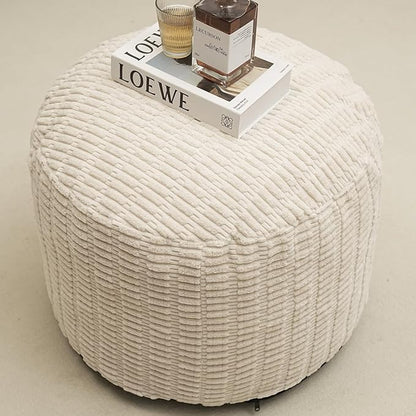 Round Stuffed Pouf Ottoman for Foot Rest, Storage Ottoman Pouf Foot Stool Cushion, Faux Fur Poufs with Foam Chunk Filling, 26 X 18 Inch Floor Chair for Living Room Bedroom Home Decor, Beige