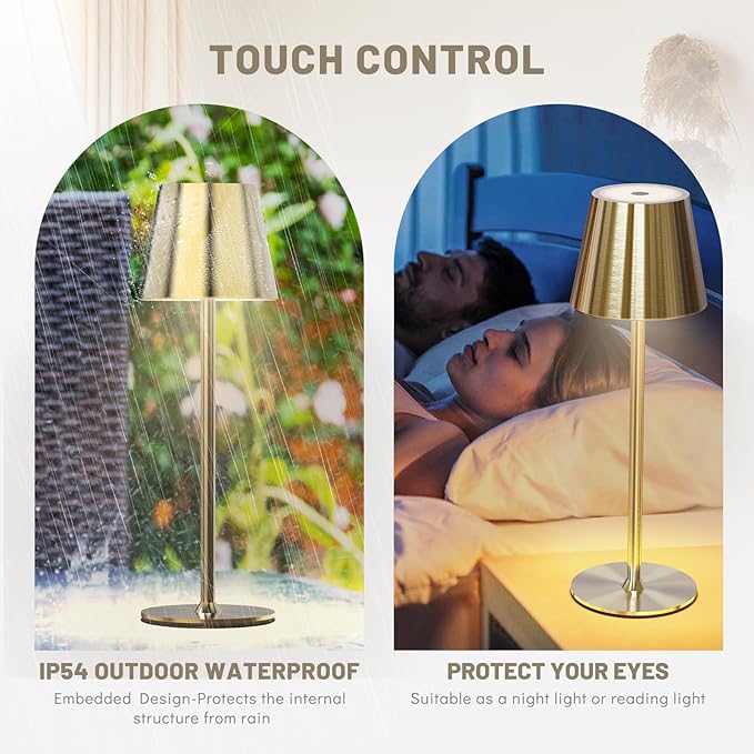 Maksone 2 Pack LED Cordless Table Lamp, 6600mWh Rechargeable Battery Desk Lamp, 3000K Stepless Dimming Night Light, IP54 Waterproof Metal Outdoor Portable Lamp for Camping, Restaurant (Gold)