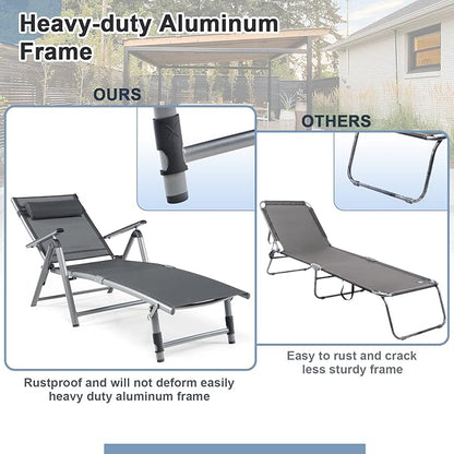 HAPPYGRILL Patio Lounge Chair Aluminum Chaise Lounge Chair with 8-Position Adjustable Backrest, 2-postion Footrest, Comfortable Headrest, Outdoor Folding Reclining Chair for Patio Poolside Backyard